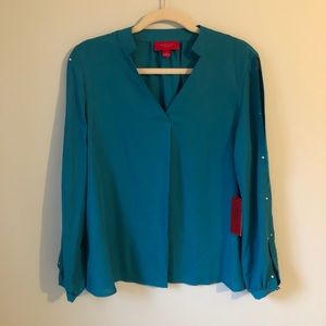 NWT Jennifer Lopez Blouse V-Neck Slit Sleeve Teal